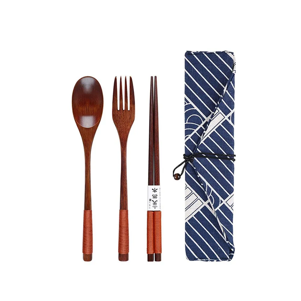 

Wooden Chopsticks Spoons Forks Picnic Tableware Three-Piece Cloth Bag Dinnerware Sets Kitchen Accessories
