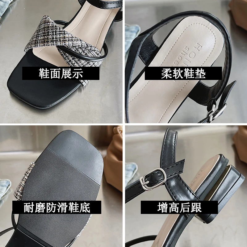

Square Toe Flat Sandal Shoe Summer Heels Espadrilles Platform 2021 Women's All-Match Suit Female Beige Buckle Strap Without Glad