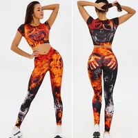 fire tracksuit women 2021 sports tights woman suit workout seamless skull yoga set sportswear fitness t shirt leggings push up