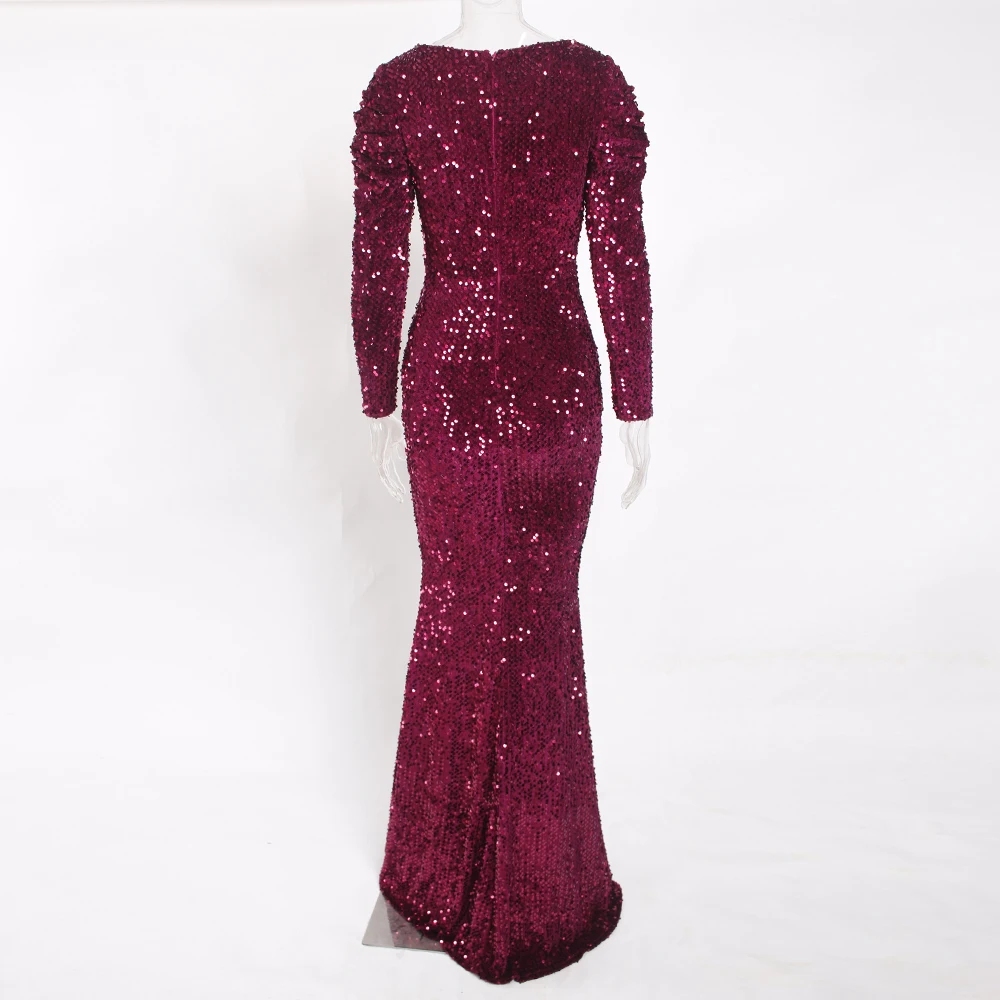 Бархатное платье-макси с V-образным вырезом и пышными рукавами | Женская одежда