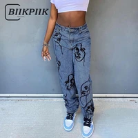 biikpiik women casual jeans basic streetwear female print 2021 summer fashion clothes mid waist long pants vintage clothing