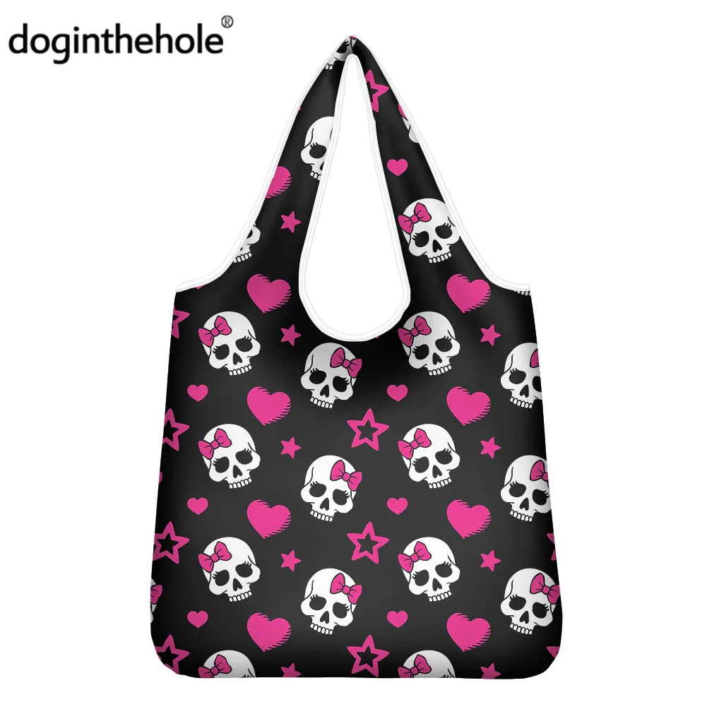 

Doginthehole Funny Skull ECO Shopper Totes Cute Pink Bowknot Heart Foldable Grocery Bags For Supermarket Picnic Shopping Sac