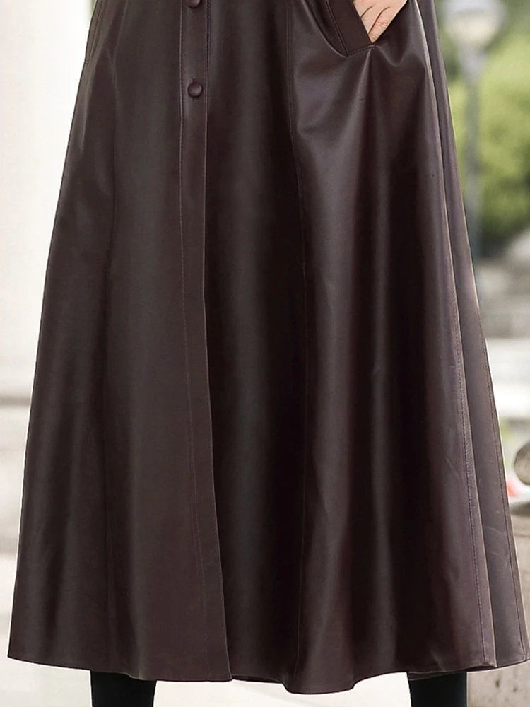 

Nerazzurri Spring brown long leather trench coat for women Fit and flare designer faux leather coats women Plus size fashion 7xl