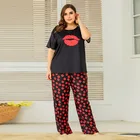 Maketina размера плюс для женщин милая летняя футболка с принтом губы; Пижамный комплект брюки Домашняя Пижама мягкие пижамы для сна домашняя одежда