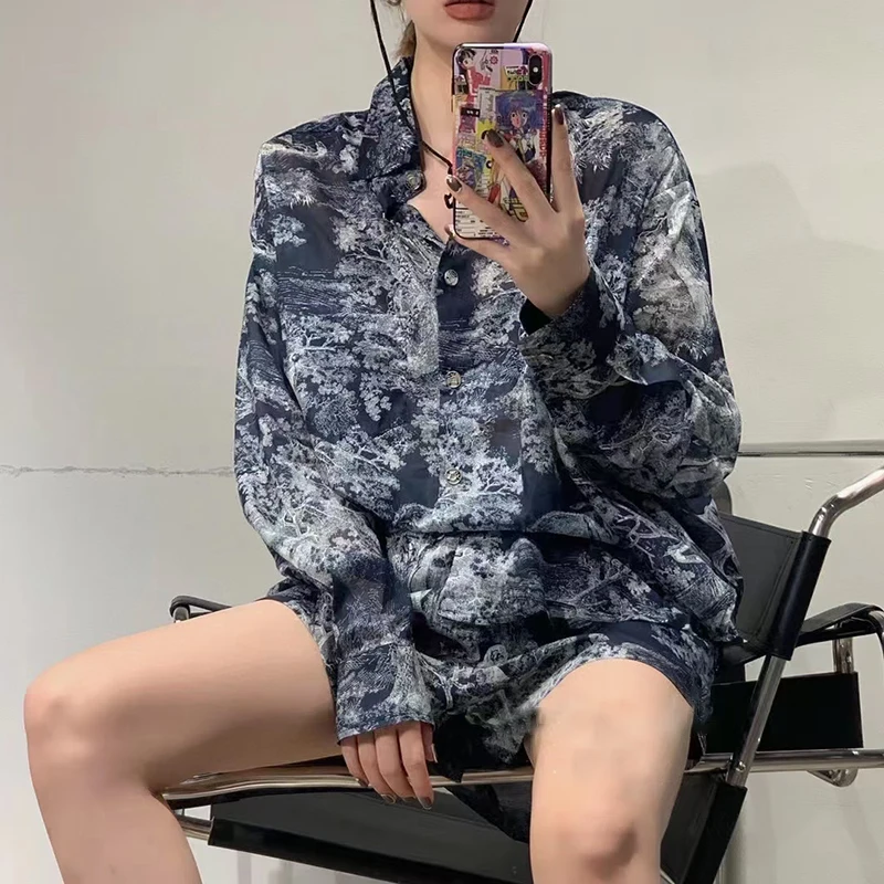 

TWOTWINSTYLE Casual Tie Dye Two Piece Set For Women Lapel Long Sleeve Shirts Elastic High Waist Shorts Loose Sets Female Fashion