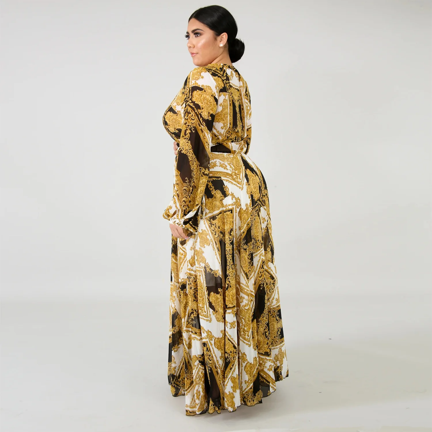 

2021 chiffon Long Sleeve maxi dress bohemia dress full plus size celebrity/graduation/Dinner Dress Beach Sundress