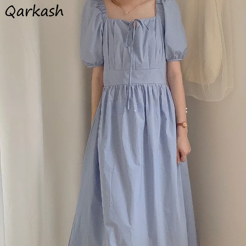 

Платье женское однотонное простое с квадратным вырезом, бандажная хипстерская одежда для девушек, до середины икры, с пышными рукавами, в Ко...