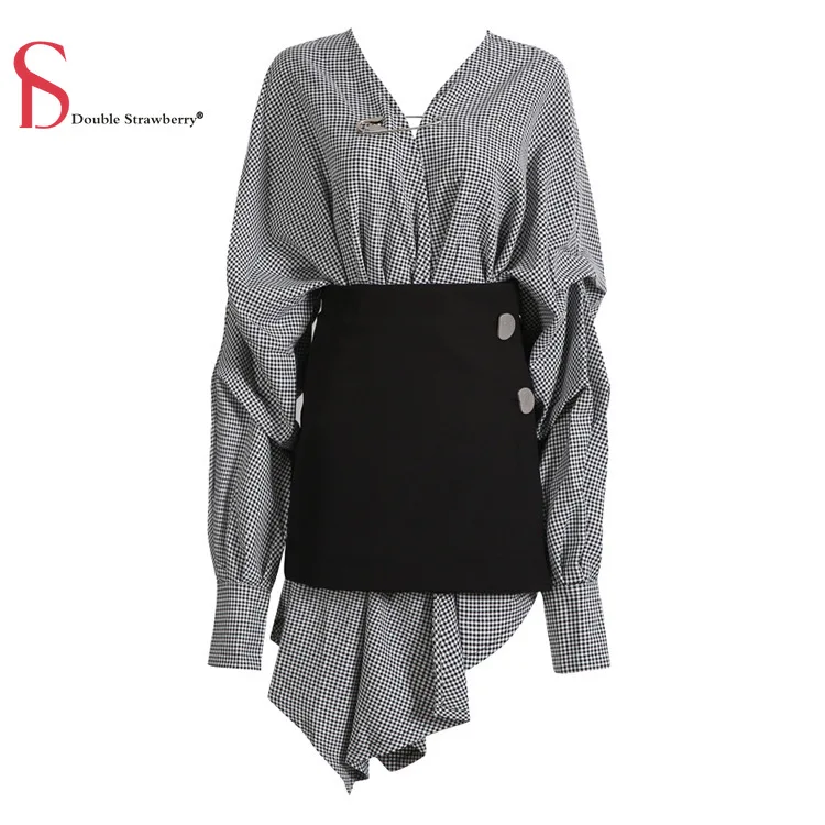 Двойная клубника нерегулярные Пошив с v образным вырезом модный костюм платье