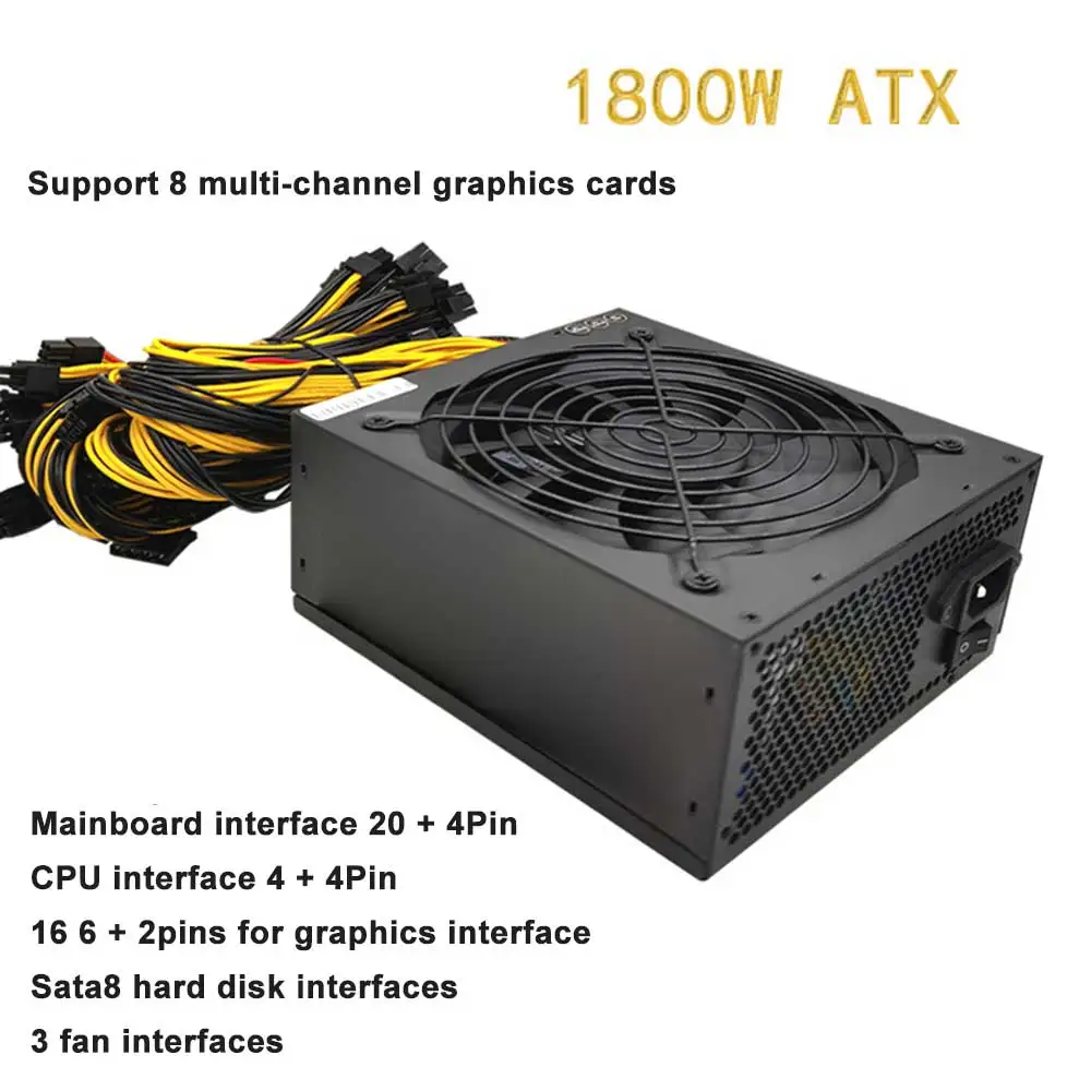 

Блок питания для майнера ATX, 1800 Вт, 180-265 в, вход, поддержка нескольких каналов, 8 высококлассных карт