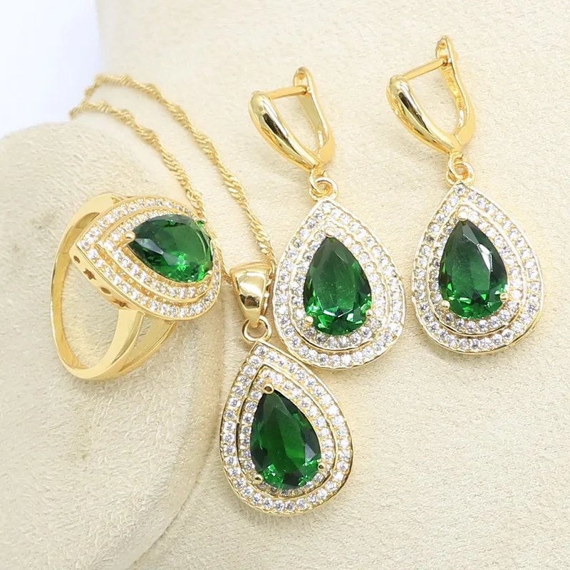 Капля воды позолоченный набор украшений для женщин зеленый браслет из цельного