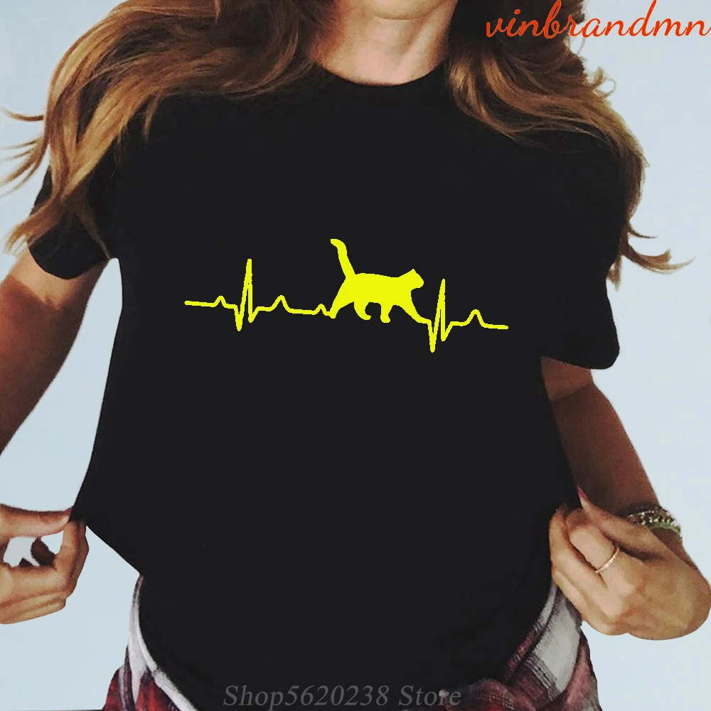 

Cat Heartbeat Line T shirt Women Short Sleeve Camiseta Mujer O-neck Cotton Tshirt Women Hipster Top Black White Tee Shirt Femme