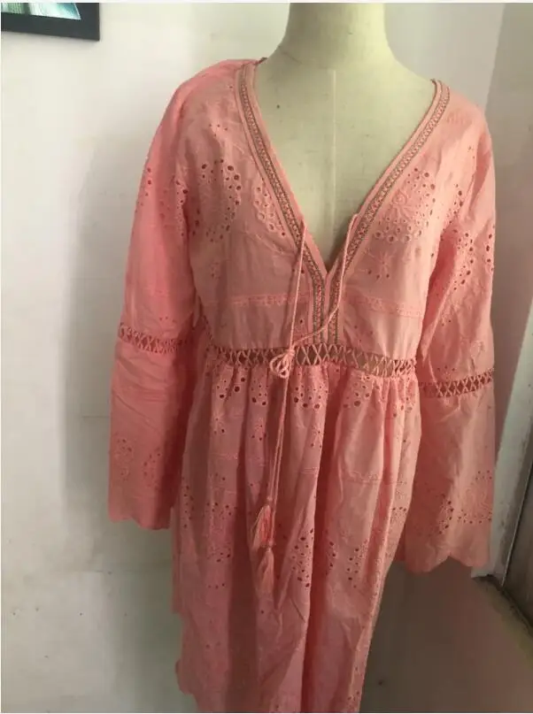 

Saida De Praia Beach Cape Cover Up Dress For Summer 2020 Dresses Autumn Lace Pure Color Long Sleeve Embroidered Beach Tunic