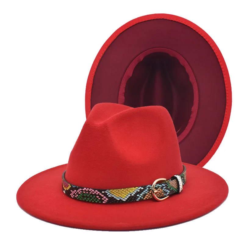 

Шляпа в стиле джаз для мужчин и женщин, элегантная фетровая Федора с широкими полями и кожаным ремнем, красная, бордовая