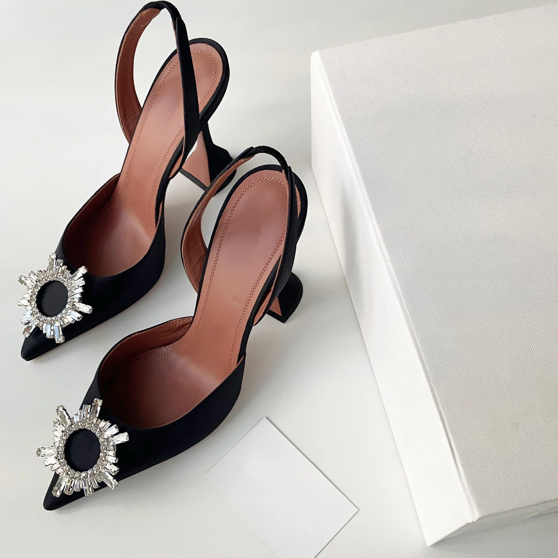 

New Season Shoes Begum Satin Slingback Pumps Black Sparkling Crystal Brooch