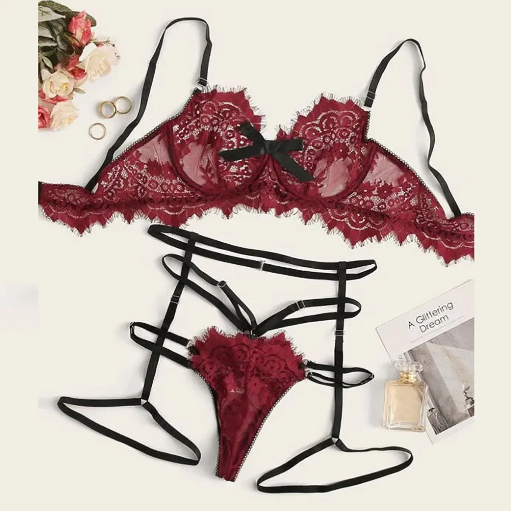Сексуальное изысканное кружевное нижнее белье бюстгальтер + подвязка трусы