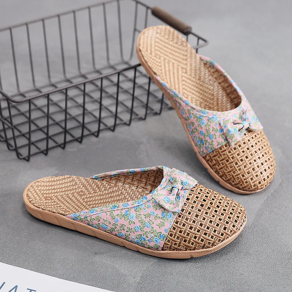 SAGACE/женские тапочки Baotou Домашние из соломенного льна с цветочным принтом и
