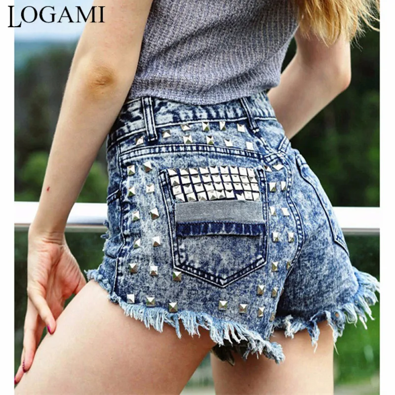 

Шорты LOGAMI женские джинсовые рваные с заклепками, пикантные короткие джинсовые штаны, повседневные, на лето
