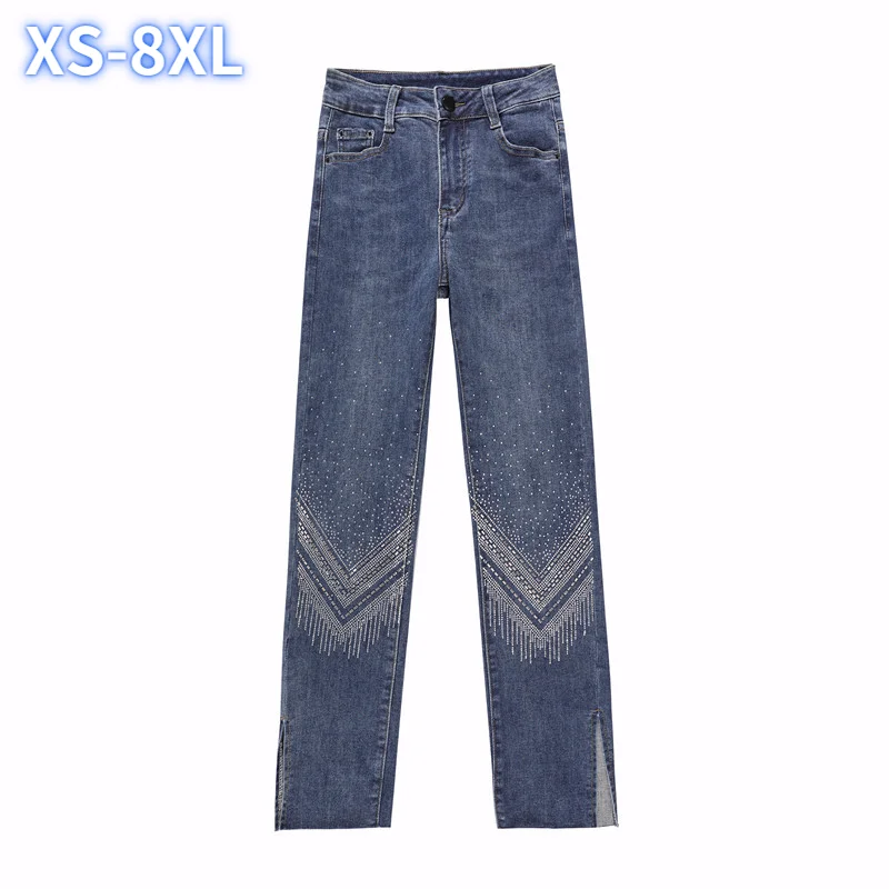 

Fashion Autumn Blue Stretch Large Size High Waist Jeans pants for Women's hot drill split straight tube trousers Ladies Pants