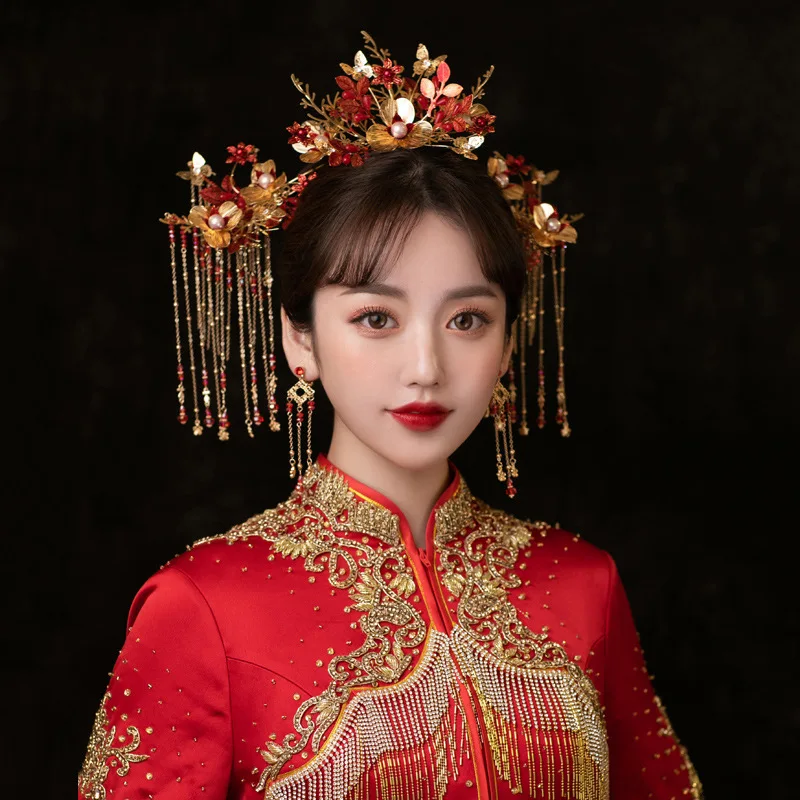 Древний костюм, тиара, свадебная, китайская, стильная, кисточка, феникс, корона, шпилька, венок, наряд для волос невесты.