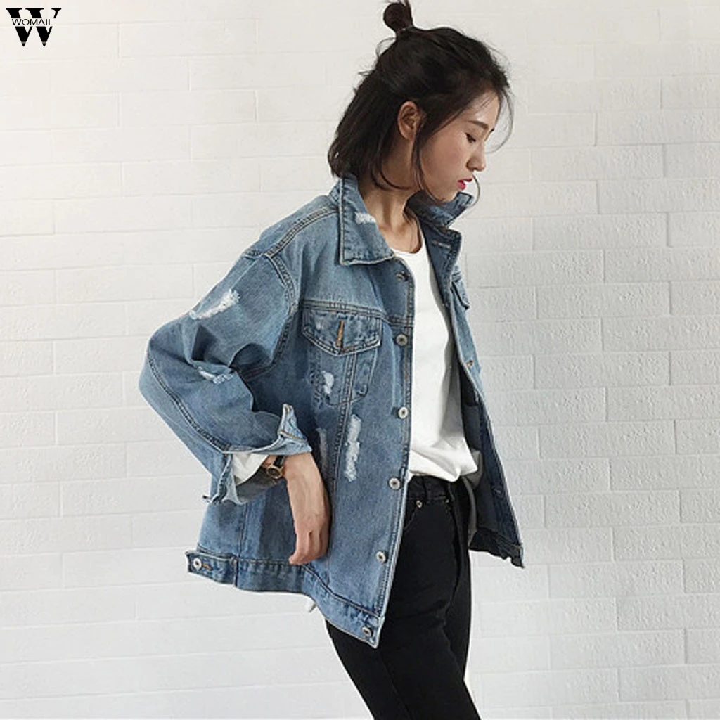 Solid Turn-down Collar Jean Jacket for Women Loose Casual Blue Fashionable Coats Female outwear Denim Feminine 7.24 | Женская одежда