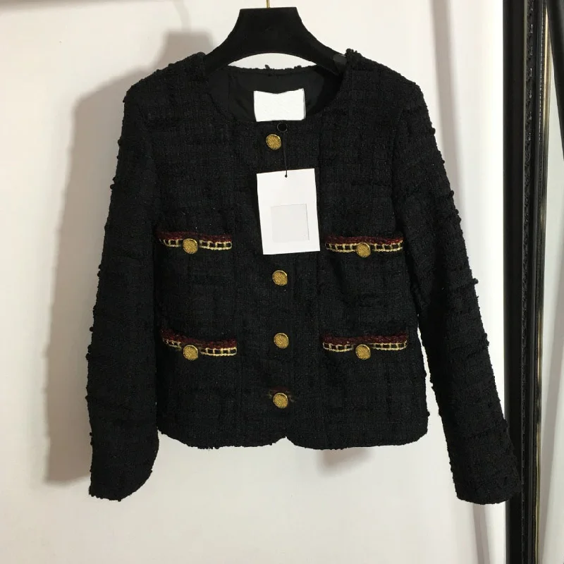 

2021 luxury design contrast color pocket fashion women's single row gold button tweed Long Sleeve Jacket Women's short coat