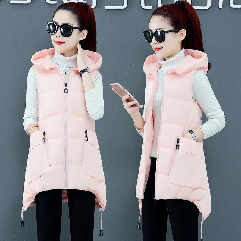 

Autumn Winter Vest Women Waistcoat 2021 Female Sleeveless Vest Jacket Hooded Warm Middle-Long Vest Coat Colete Feminino X417