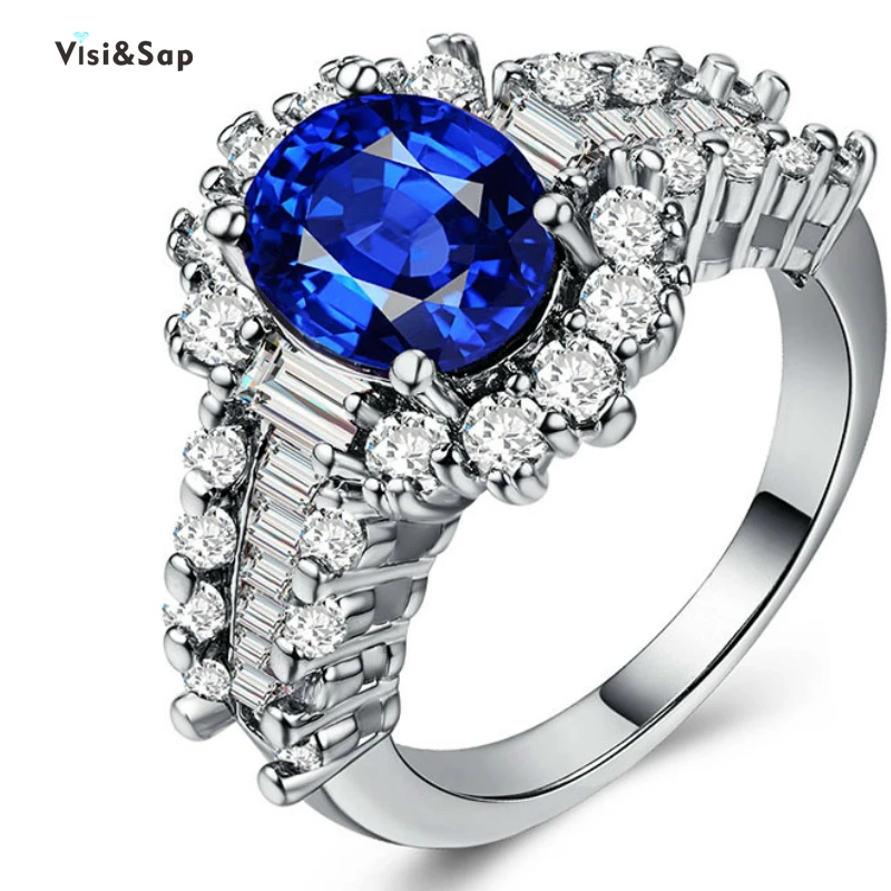 Visisap роскошный овал Синий Циркон Кольца для Для женщин полный камень свадебные