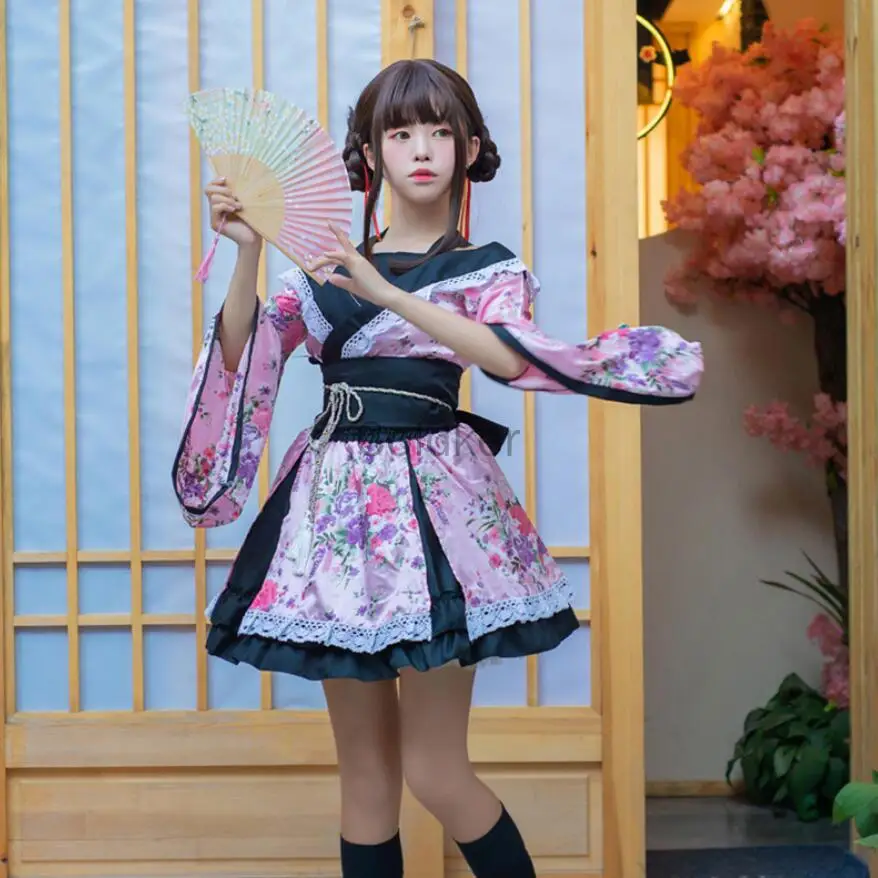 

Традиционный японский косплей аниме Лолита костюм кимоно платье для женщин Сакура юката пачка кавайная девочка Haori партия сценический наря...