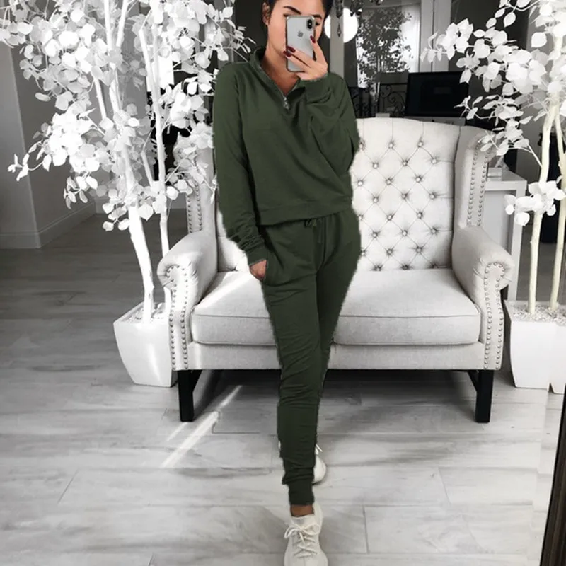 

Leosoxs 2020 Autumn Winter New Fashion Zipper Stand Collar Long Sleeve Women's Sportswear Casual Solid Slim Pocket Ladies Suits