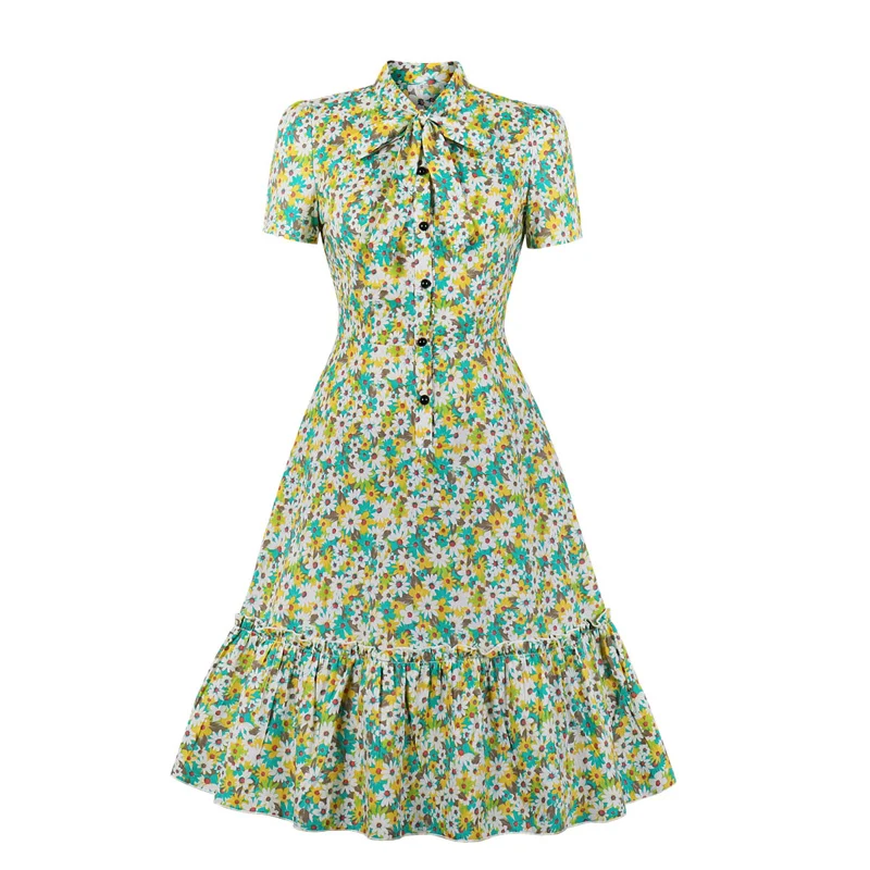 

Elegant Women short sleeve stand sleeve ruffle printed casual party dress summer purple Knee Length ladies dresses