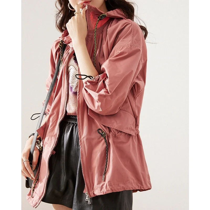 

Korean windbreaker women's middle and long 2021 new spring and autumn loose waist hooded fashion small jacket trend