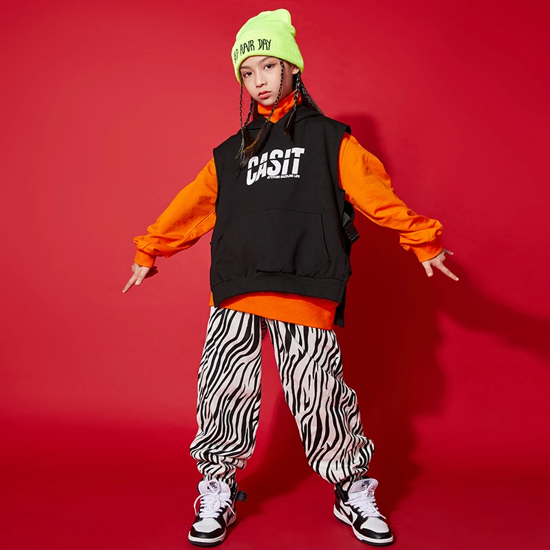 

Детская одежда в стиле хип-хоп, свитшот, топ, куртка без рукавов, брюки с принтом зебры, для девочек и мальчиков, костюм для джазовых танцев, одежда, уличная одежда