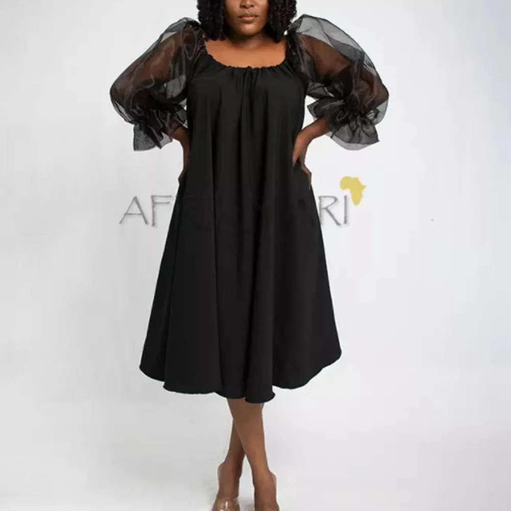 

Dress Autumn New 2021 Casual Womens Solid Color Loose Casual Square Collar Puff Sleeve Net Yarn Splicing African Womens Dress