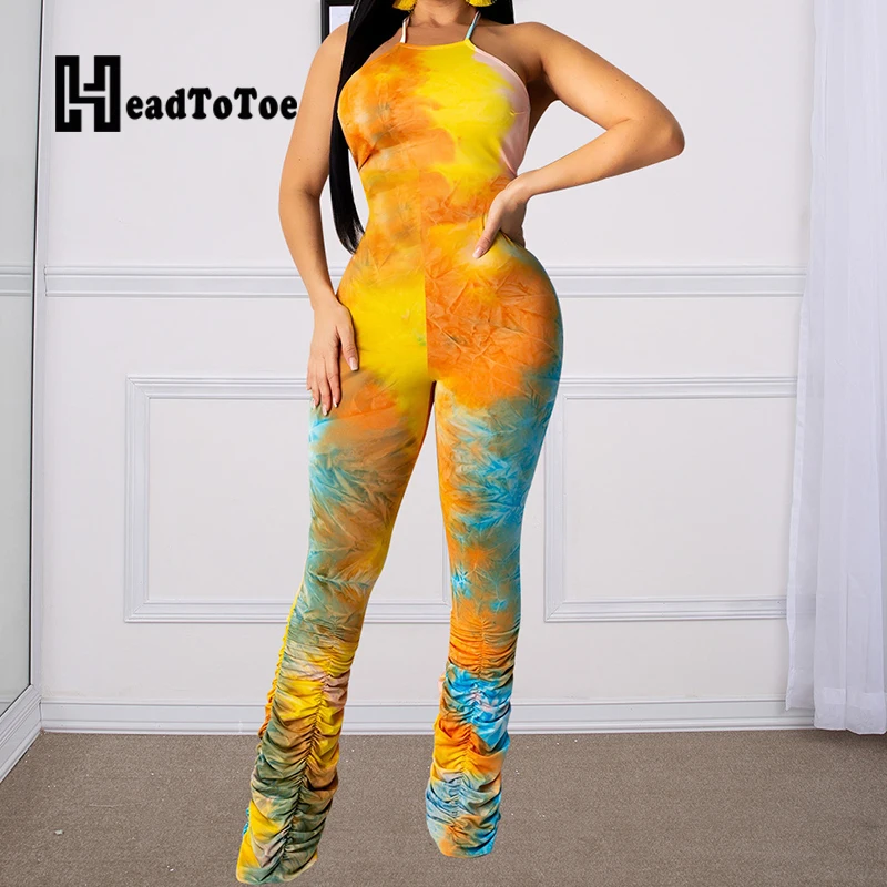 

Tie Dye Strapless Halter Ruched Rompers Womens Jumpsuit Backless Lace Up Pleated One Piece Overalls