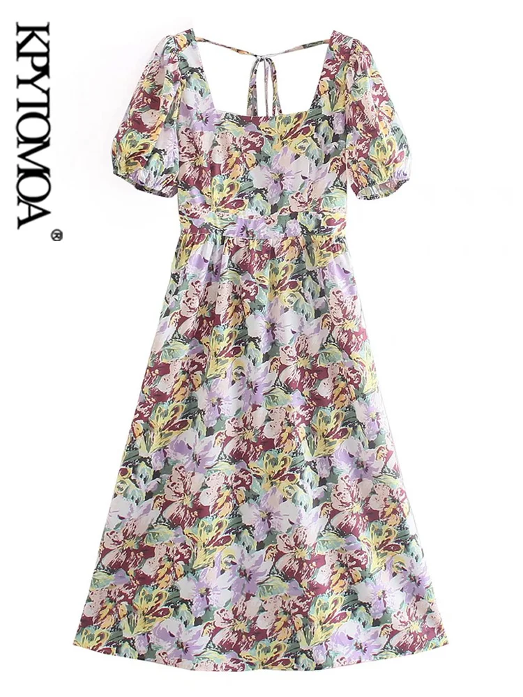 

KPYTOMOA Women Fashion With Tie Graffiti Print Midi Dress Vintage Backless Short Sleeve Female Dresses Vestidos Mujer