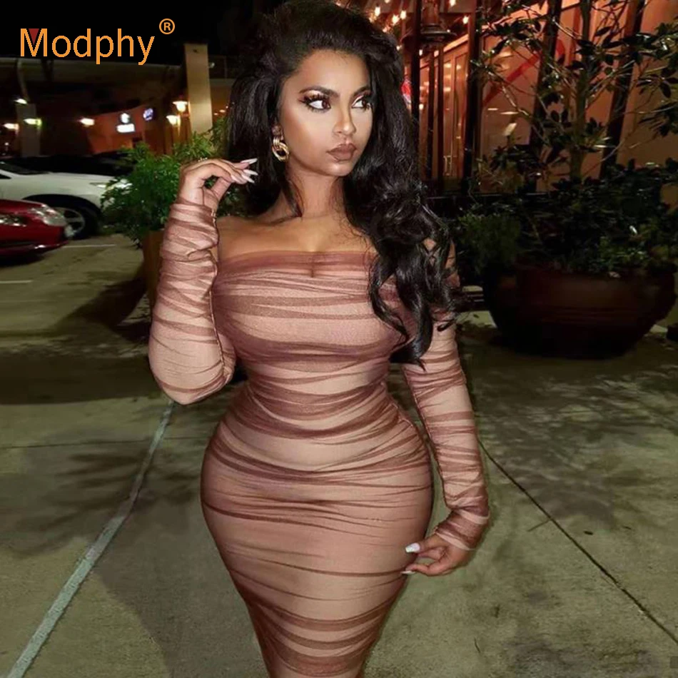 Сексуальное коричневое Сетчатое миди платье светильник с длинным рукавом без