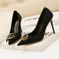 new fashion elegant banquet womens high heel suede diamond metal button wedding shoes single shoes