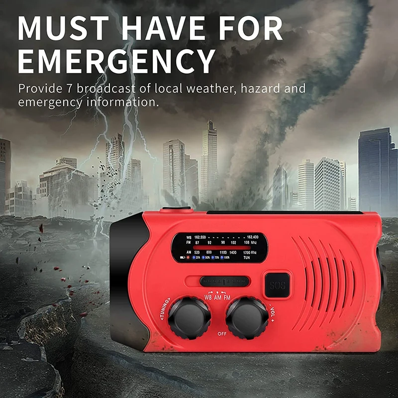 

Emergency Weather AM/FM NOAA Solar Powered Wind Up Radio with SOS, 2000MAh Power Bank for Cell Phone and LED Flashlight
