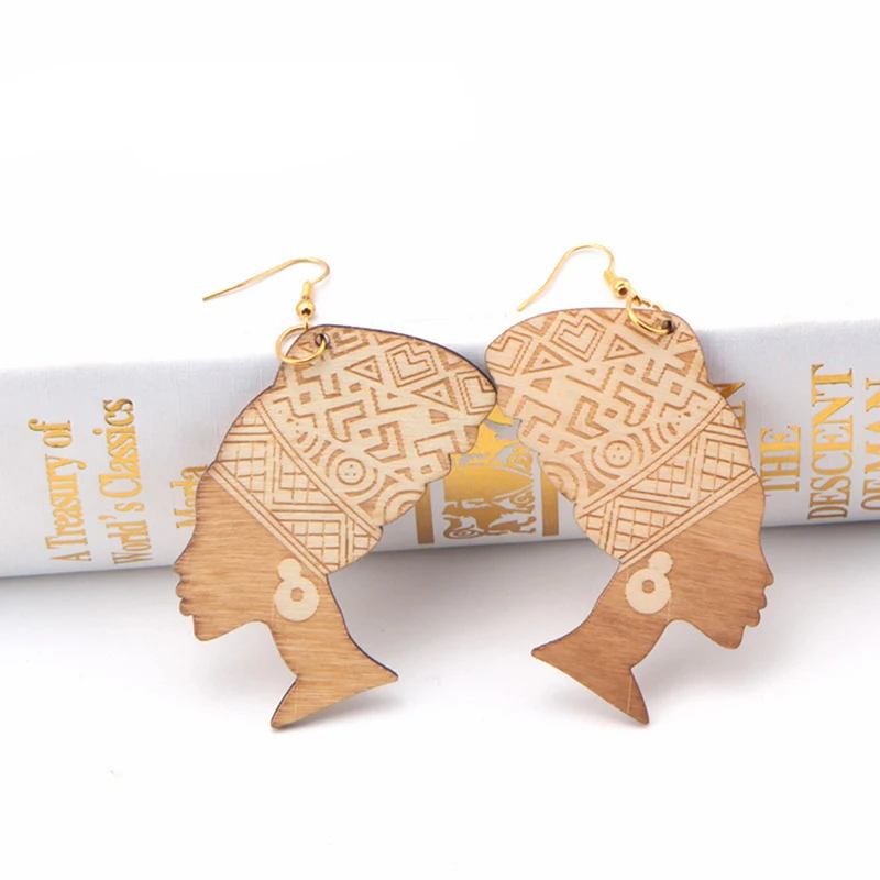 Simple Africa Wooden Earrings Geometric Female Portrait Light Weight Drop Dangle For Women Fashion Jewelry | Украшения и