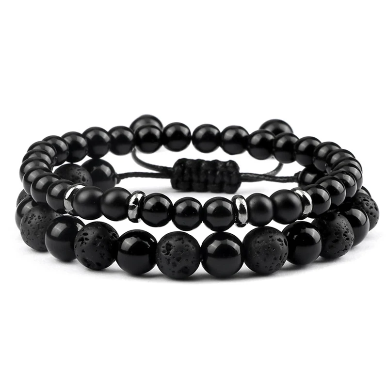 Браслеты из натурального черного оникса с бусинами 2 шт. Мужские и женские