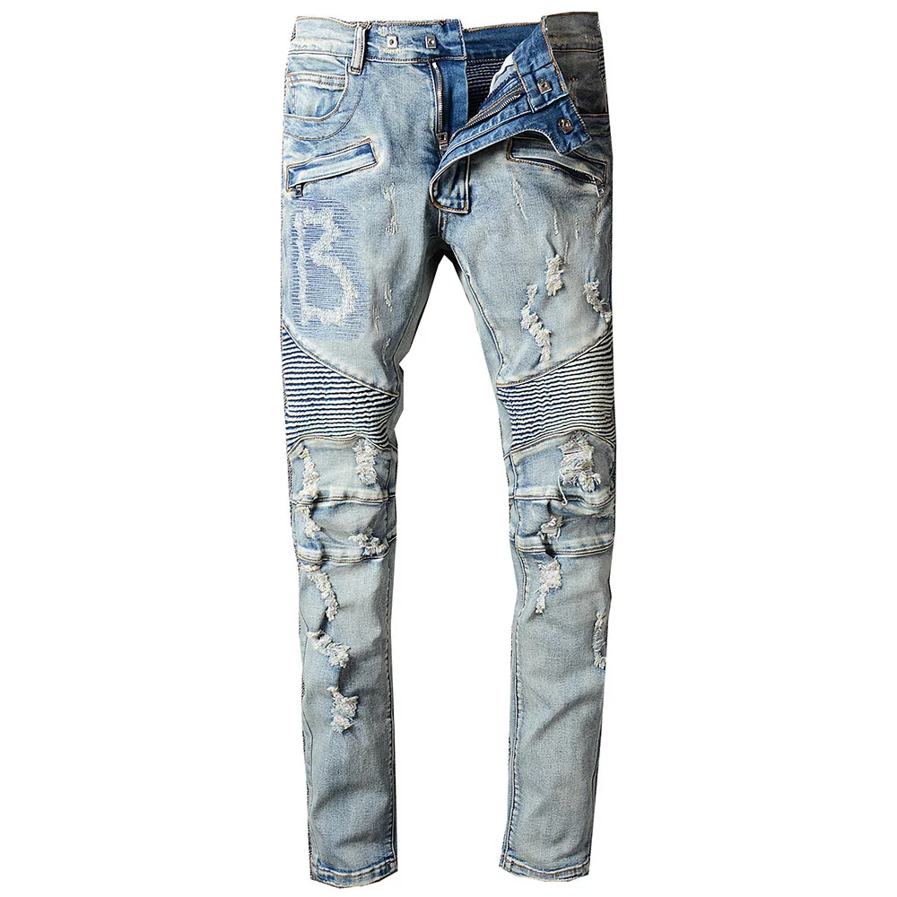 

979 Men's blue pleated jeans patchwork hole ripped biker jeans motorcycle slim skinny stretch denim pants jeans for man size 40