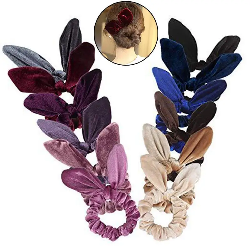 

coxeer 12pcs/set Solid Color Hair Rope Hair Scrunchy Creative Rabbit Ear Shape Velvet Hair Tie Ponytail Holder Hair Accessories