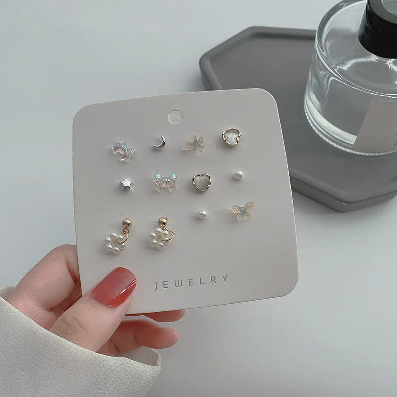 AOMU 12 шт./компл. милый сладкий белый опал с бантом серьги "любовь" модные простые луна, выполненное в виде цветка с шпильки серьги Ювелирные на...