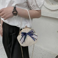 woven beach chain shoulder shell bags for women pearl beaded design straw crossbody bags summer fashion trending ladies handbags