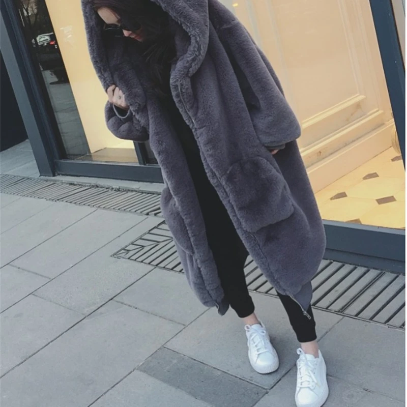 

YOSICIL High Qaulity Long Faux Rabbit Fur Coat With Hood Women Fashion Long Sleeve Thick Warm Winter Fur Jacket Manteau Fourrure