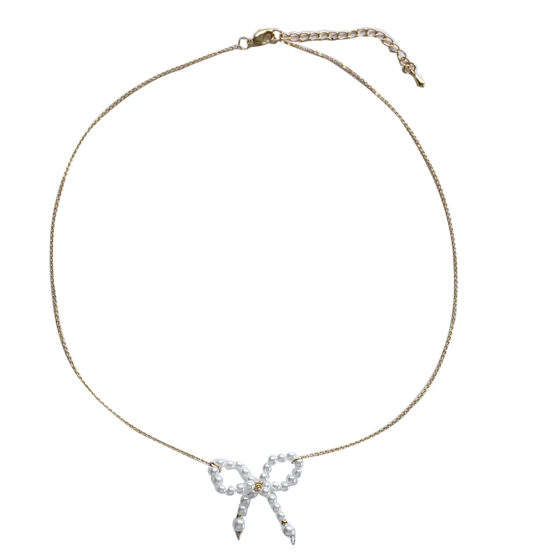

Fashion Jewelry Thin Chain Necklace Delicate Design Simulated Pearls Bowknot Pendant Necklace For Women Girl Gifts