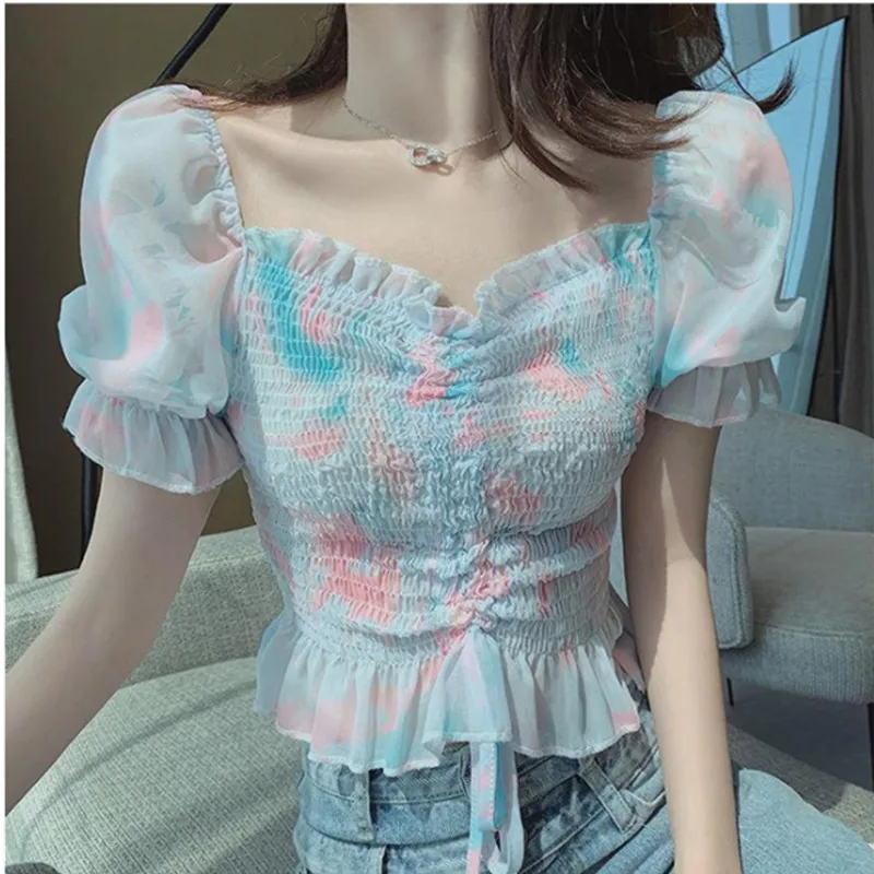 

Женские футболки для мальчиков и девочек, блуза с цветочным принтом на лето с принтом, с буфами на рукавах квадратный вырез с завязкой на тал...