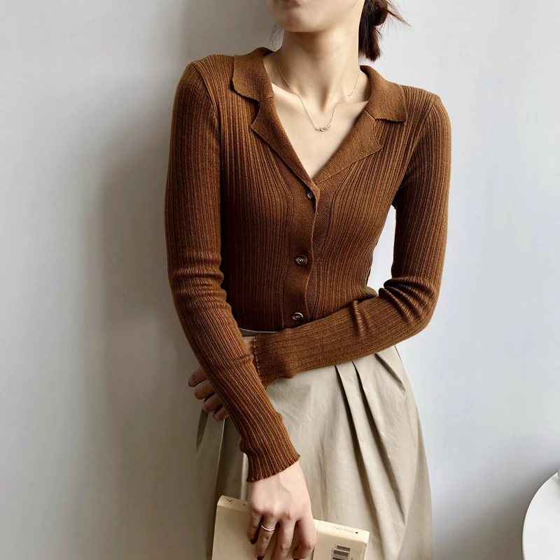 

Turn-Up Collar Autumn Knitted Sweater Women Solid Color Sweaters Casual Long Sleeve Bottoming Slim-Fit Pullover Knit Top Sweater