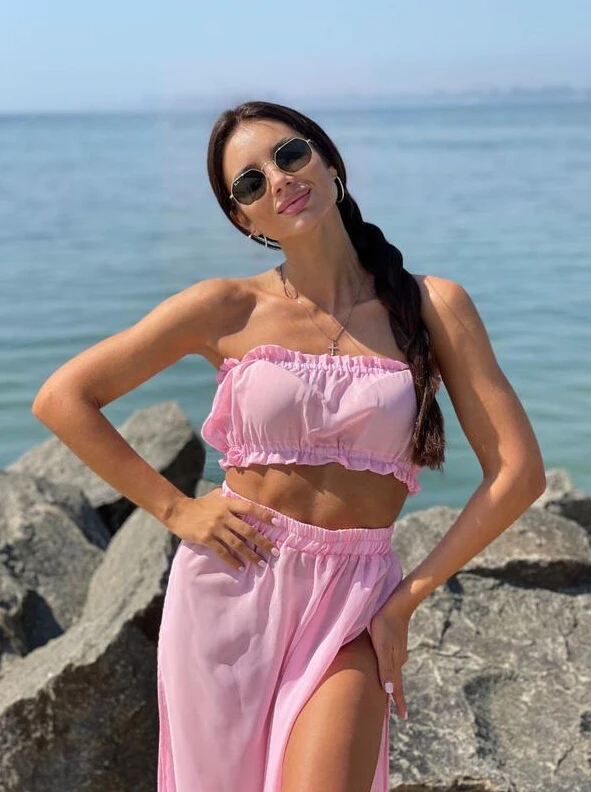 

Женский летний комплект из 2 предметов, пикантный однотонный топ без бретелек с оборками и юбка с высоким разрезом