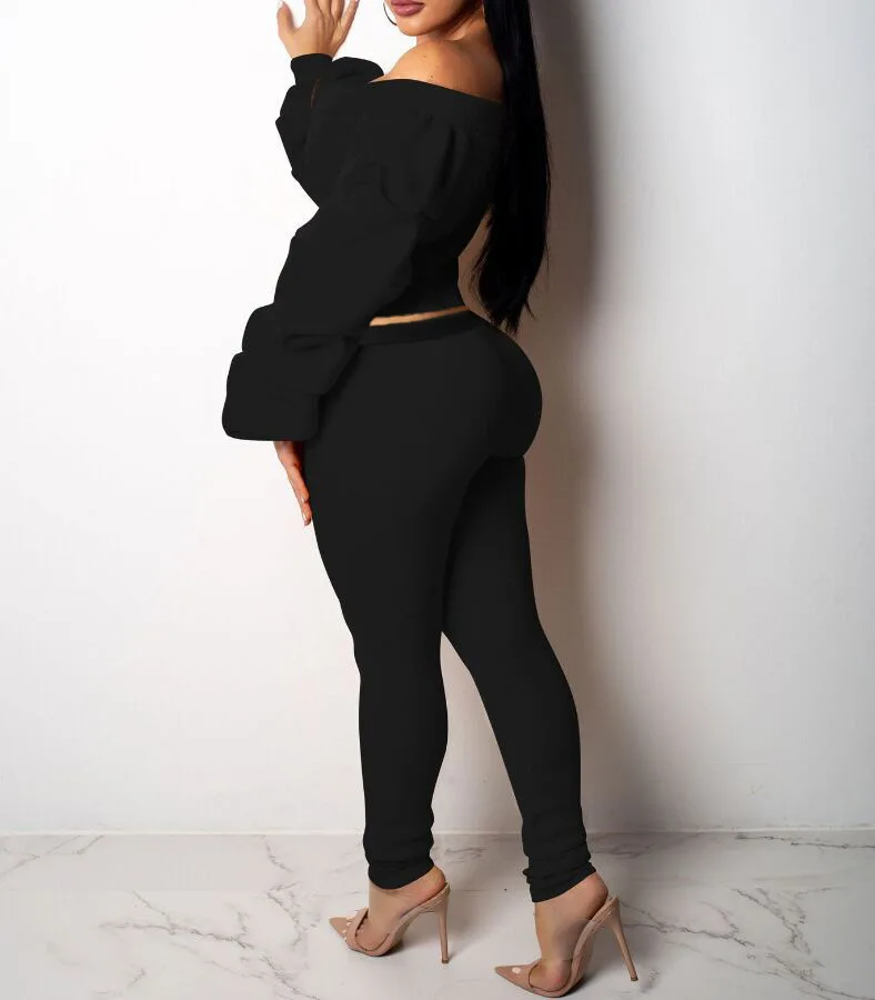 

Top Pants Set Women Puff Shoulder V Neck Solid Casual Sexy Two Pice Set Street Wear Outfit Free Shipping Wholesale Dropshpping